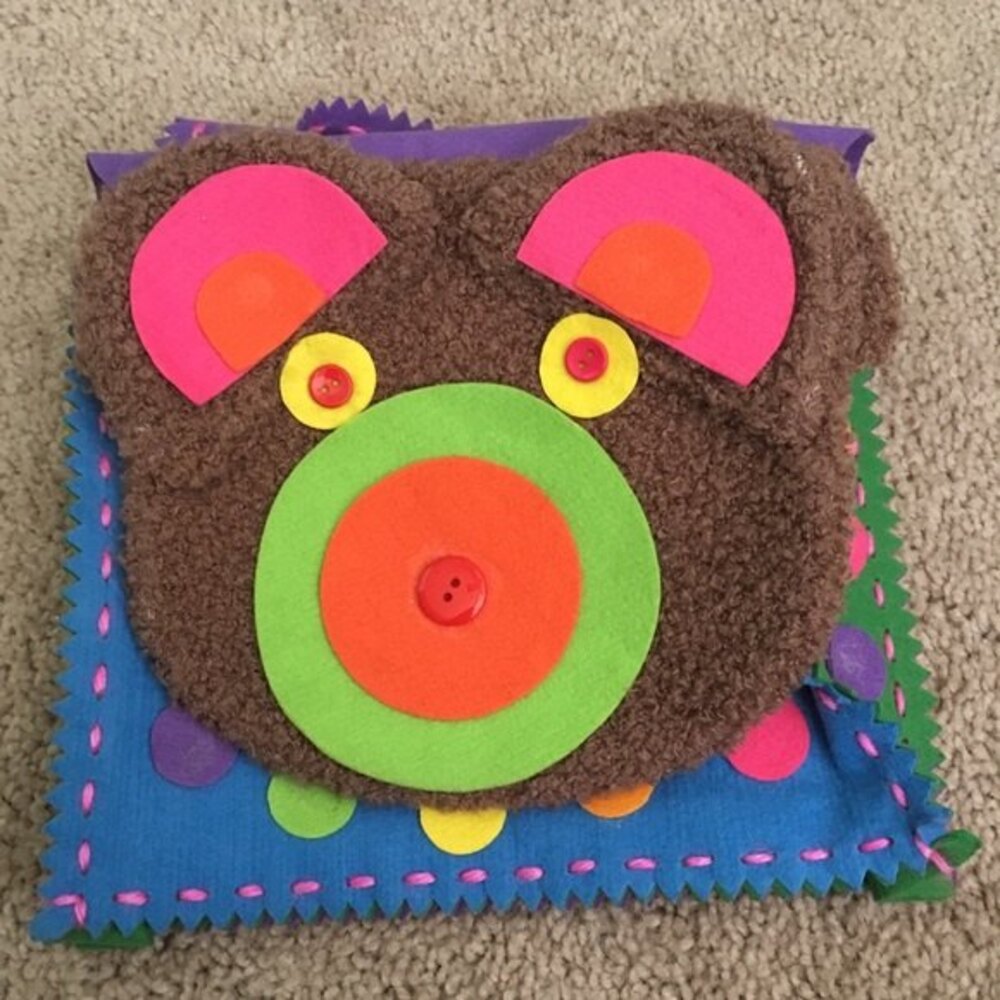 Handmade Brown Bear Kids Felt Backpack Multicolored Blue, Purple